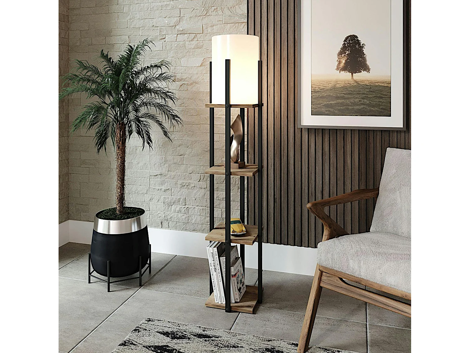 Lampadaire moderne décoratif avec étagères carrées effet bois KILIS