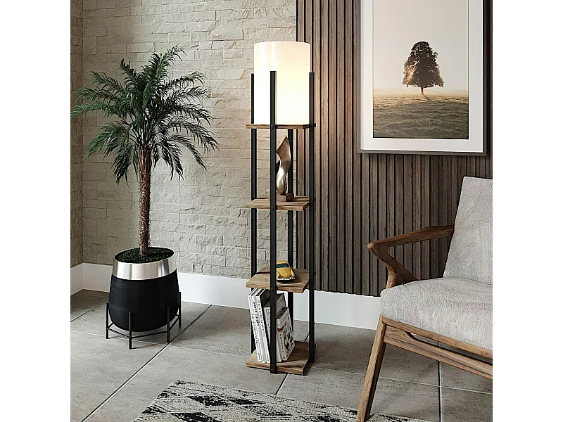 Lampadaire moderne décoratif avec étagères carrées effet bois KILIS