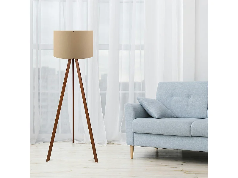 Lampadaire trépied effet bois noyer, abat-jour beige KILIS