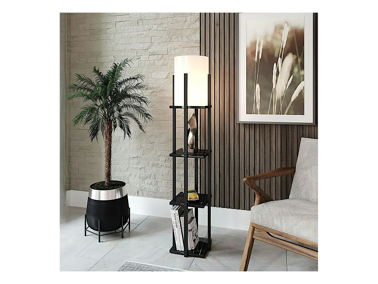 Lampadaire moderne décoratif noir avec étagères KILIS