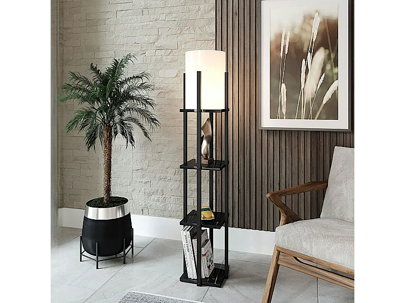 Lampadaire moderne décoratif noir avec étagères KILIS