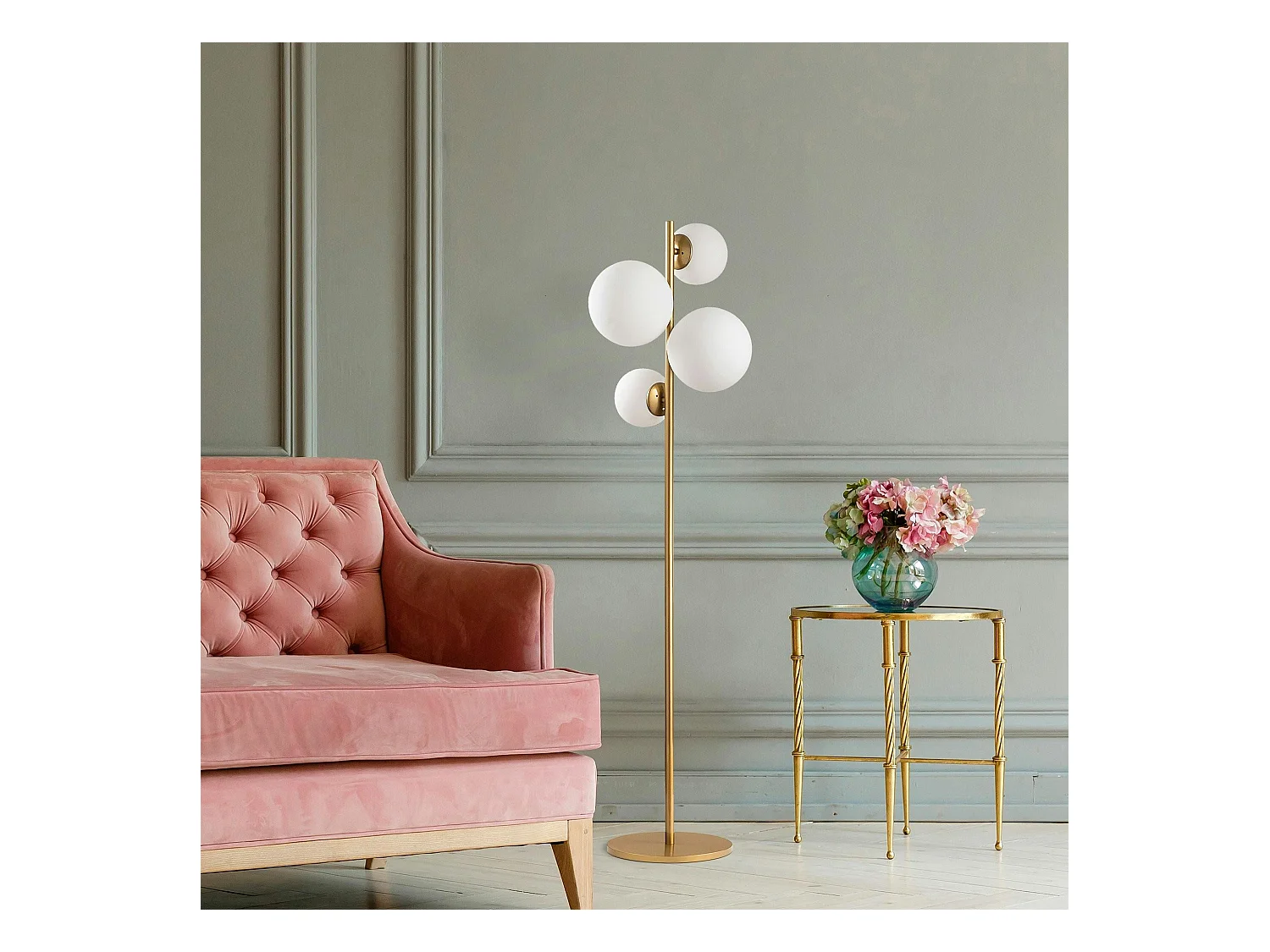 Lampadaire art déco doré, 4 globes verre dépoli SIERRE