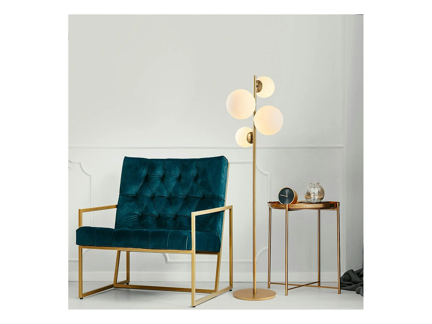 Lampadaire art déco doré, 4 globes verre dépoli SIERRE