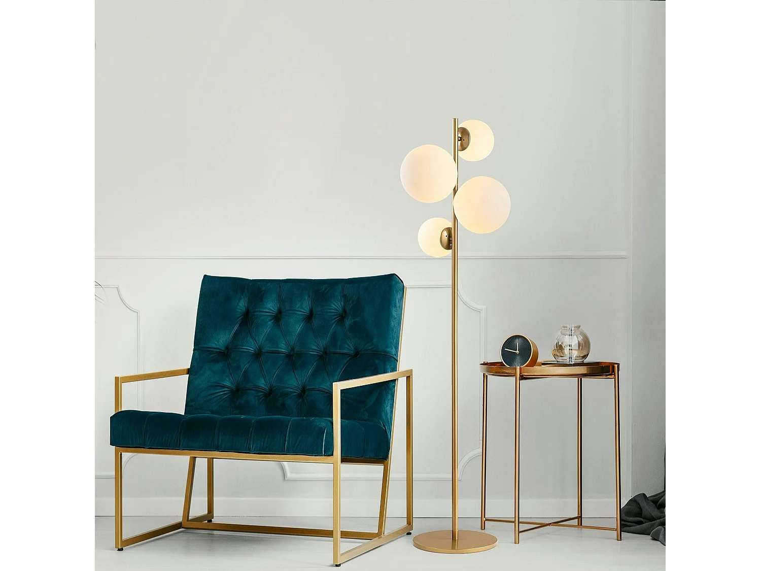 Lampadaire art déco doré, 4 globes verre dépoli SIERRE