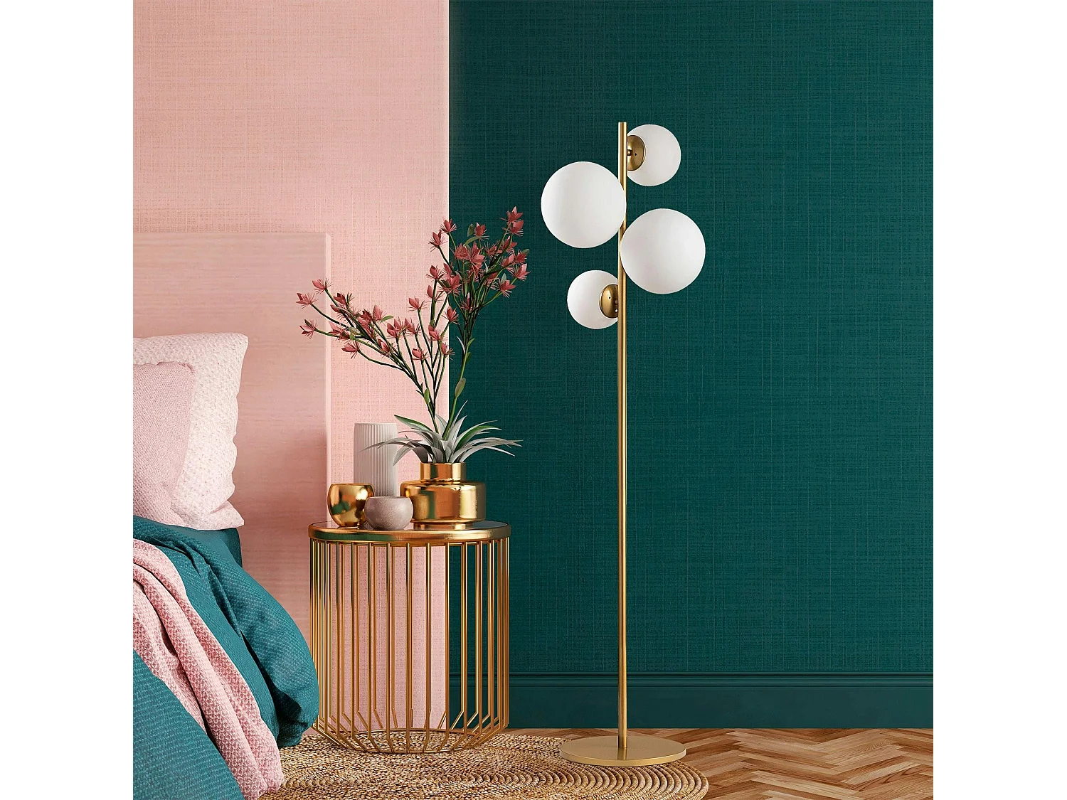 Lampadaire art déco doré, 4 globes verre dépoli SIERRE