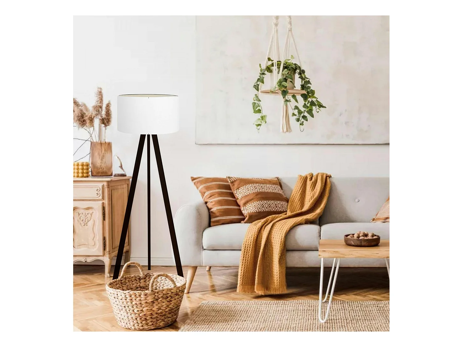 Lampadaire trépied effet bois noir, abat-jour blanc Ø38 cm KILIS