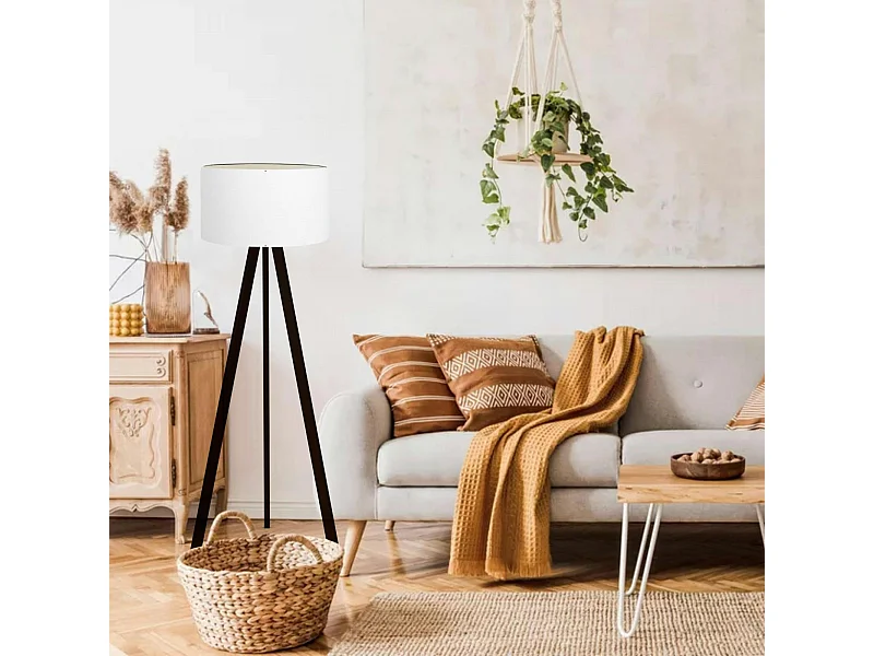 Lampadaire trépied effet bois noir, abat-jour blanc Ø38 cm KILIS