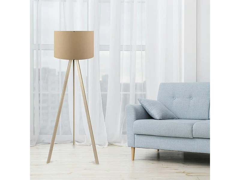 Lampadaire trépied effet bois clair, abat-jour beige KILIS