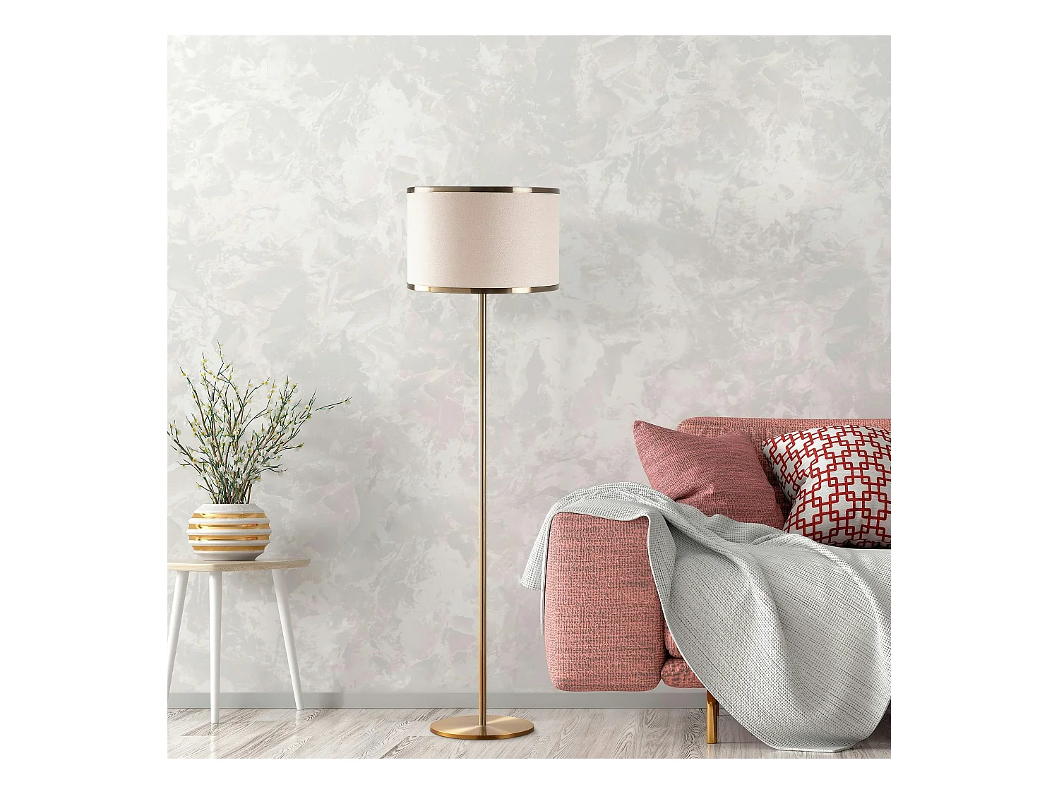 Lampadaire salon moderne, abat-jour tissu écru ZURICH