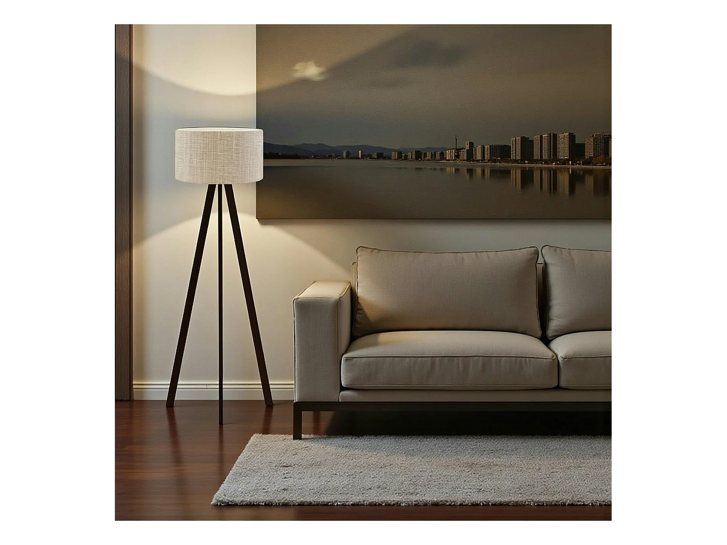 Lampadaire trépied effet bois noir, abat-jour beige chiné KILIS