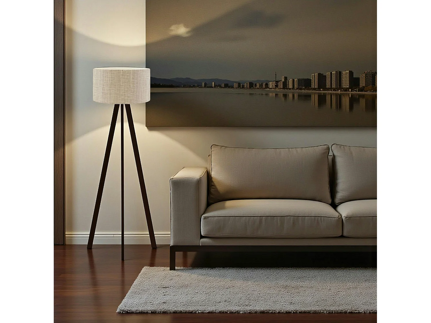 Lampadaire trépied effet bois noir, abat-jour beige chiné KILIS