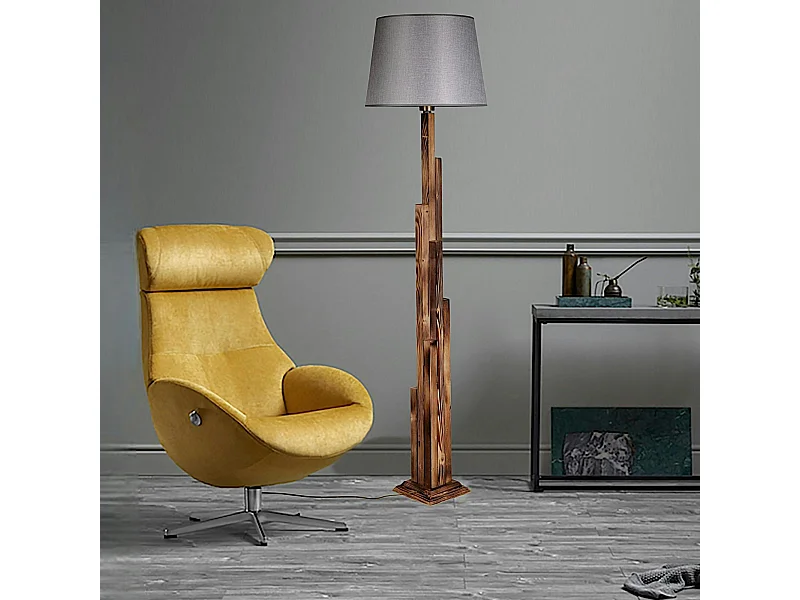 Lampadaire salon en bois sculpté abat-jour gris ANZIO