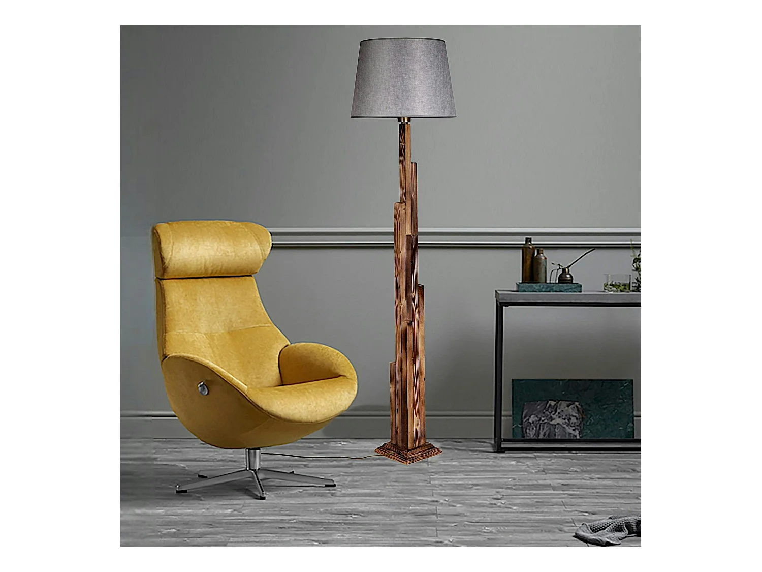 Lampadaire salon en bois sculpté abat-jour gris ANZIO