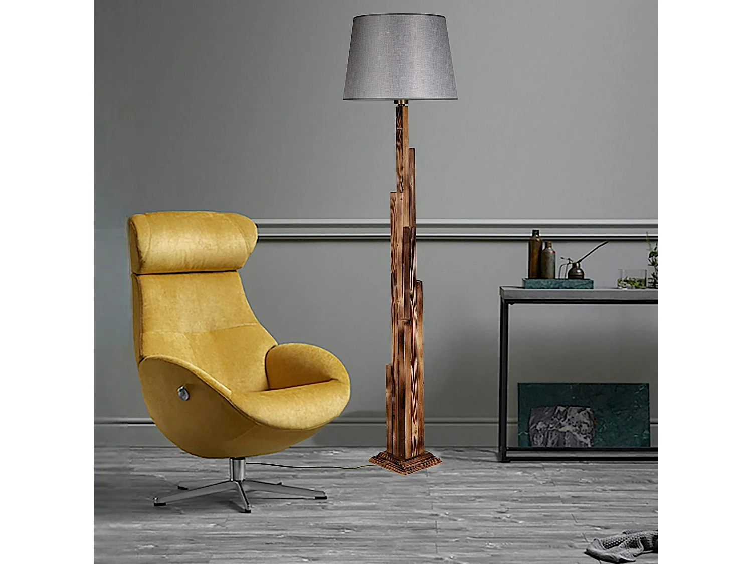 Lampadaire salon en bois sculpté abat-jour gris ANZIO