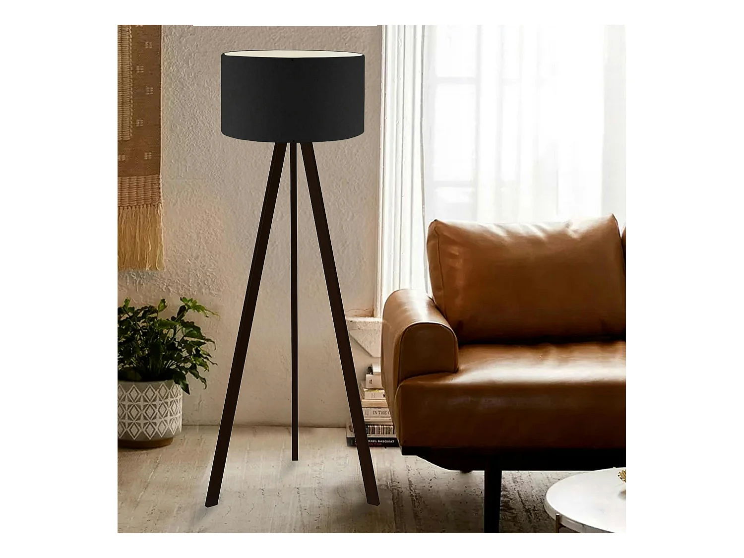 Lampadaire trépied noir moderne, abat-jour tissu KILIS