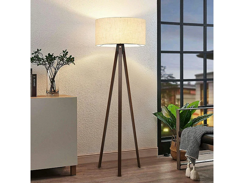 Lampadaire trépied effet bois brun, abat-jour beige KILIS