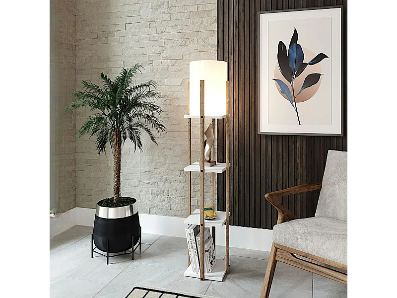 Lampadaire moderne décoratif avec étagères effet bois KILIS