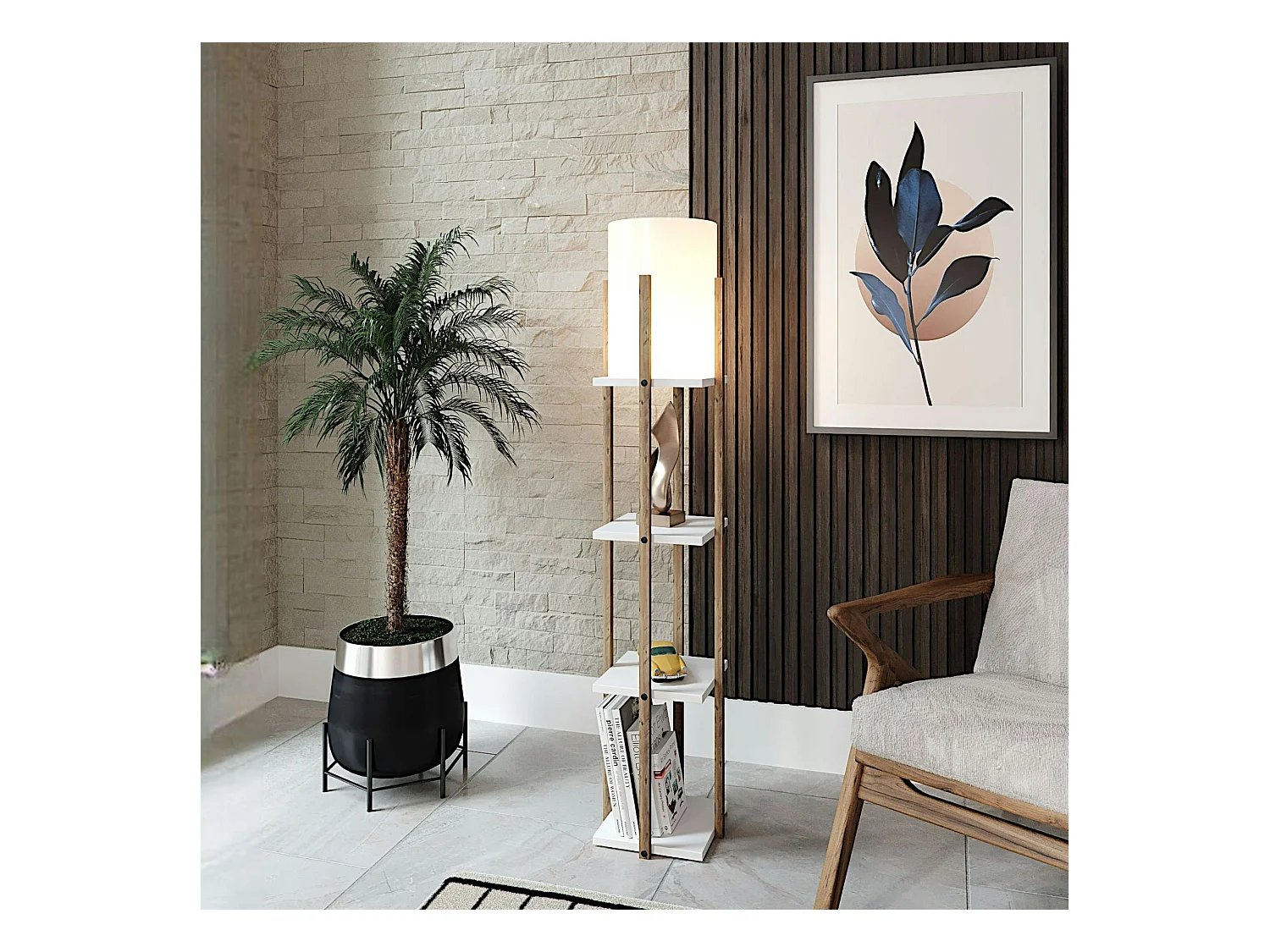 Lampadaire moderne décoratif avec étagères effet bois KILIS