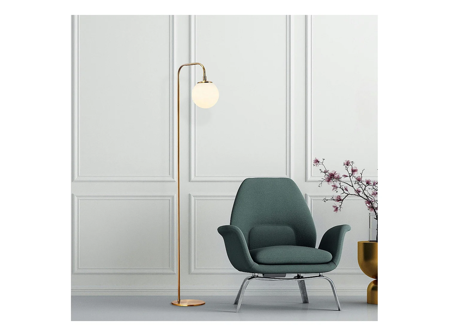 Lampadaire vintage sur tige, 1 globe verre dépoli SIERRE