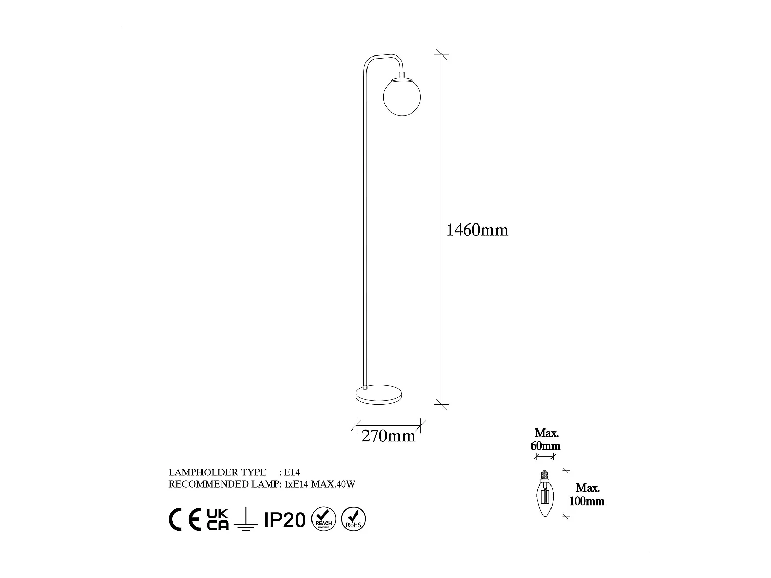 Lampadaire vintage sur tige, 1 globe verre dépoli SIERRE
