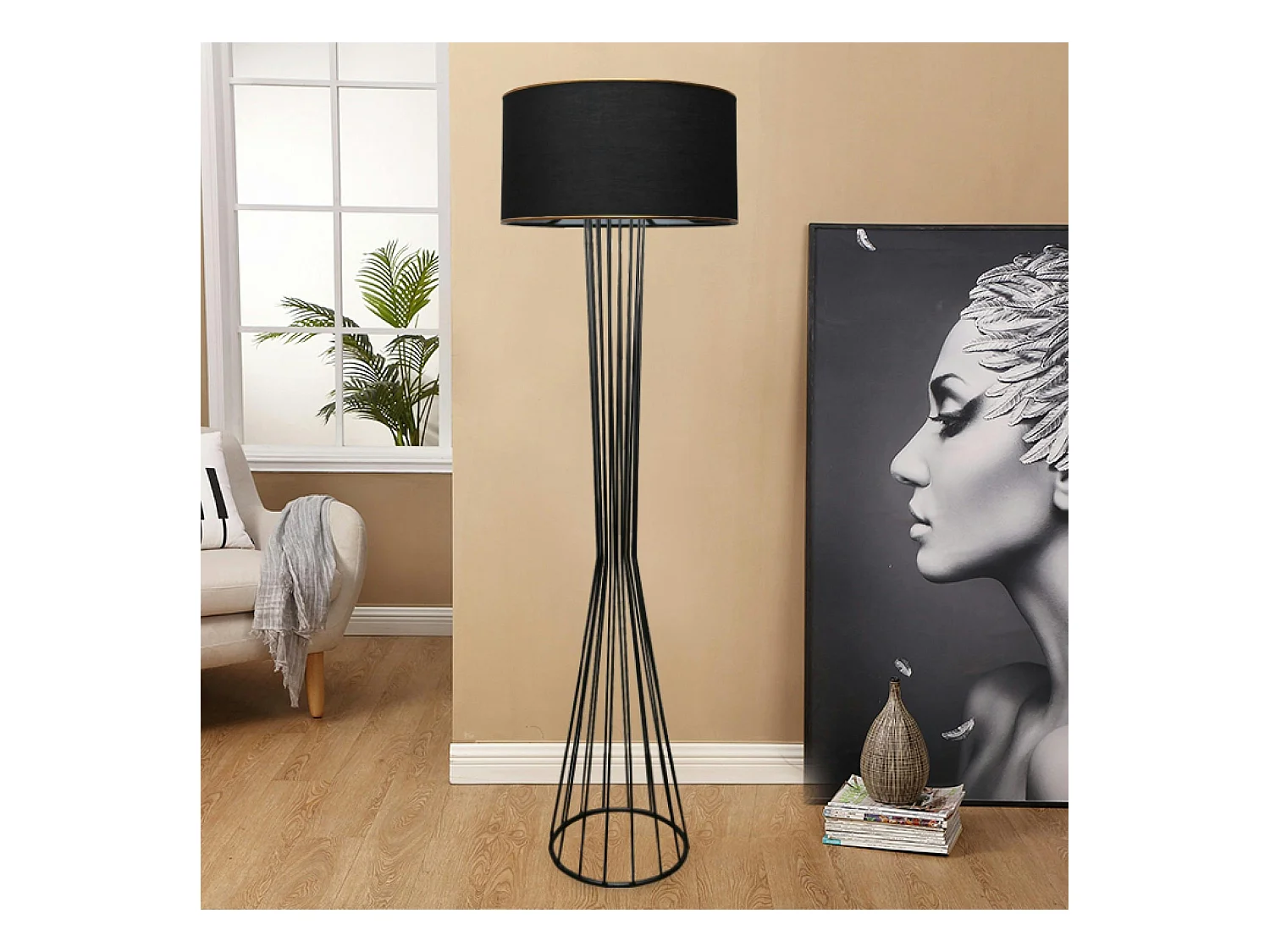 Lampadaire salon moderne chic noir, abat-jour tissu SINOP