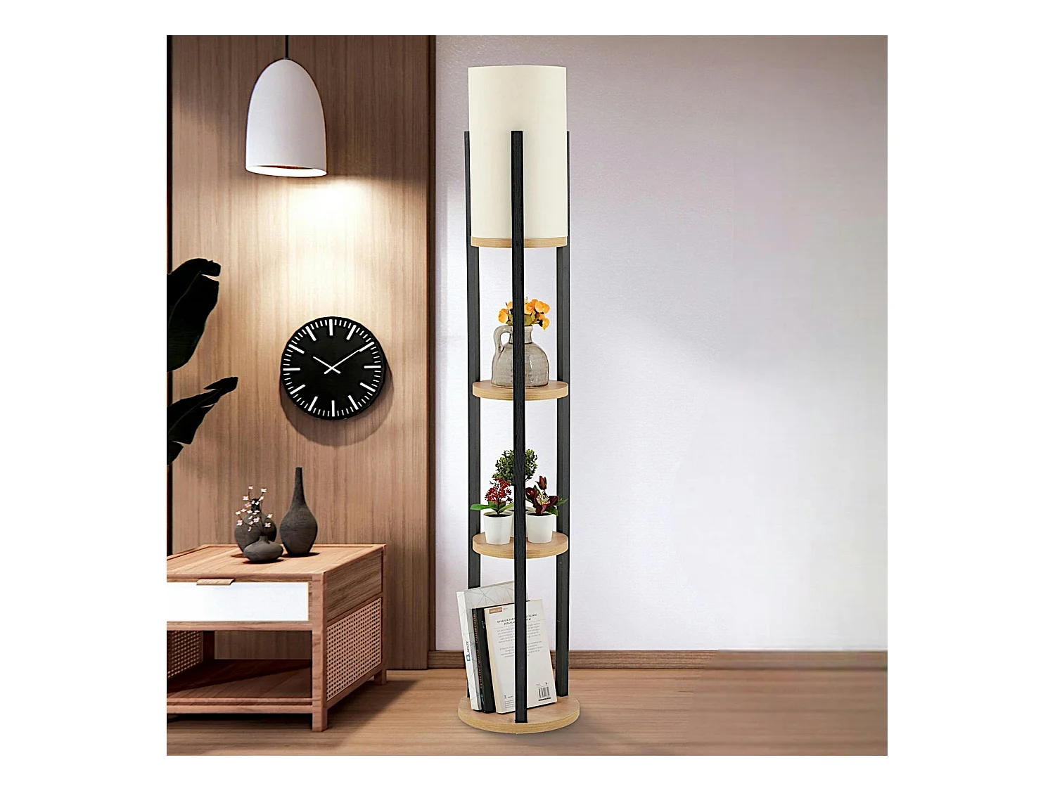 Lampadaire moderne décoratif avec étagères effet bois clair KILIS