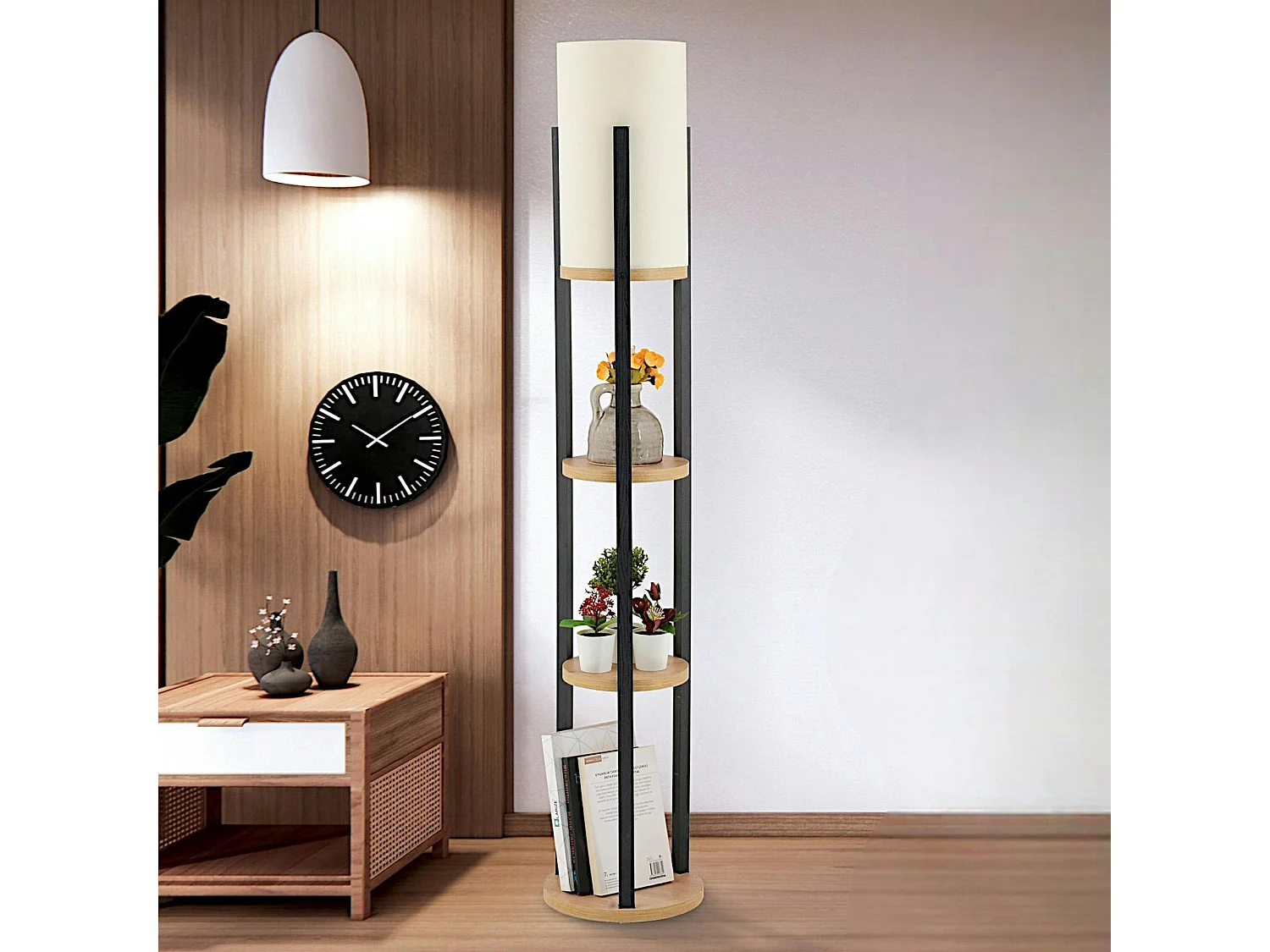 Lampadaire moderne décoratif avec étagères effet bois clair KILIS