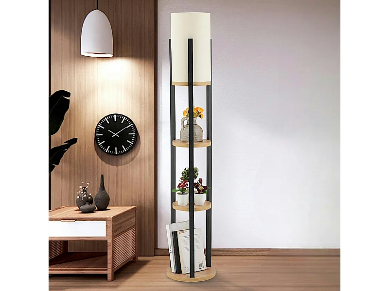 Lampadaire moderne décoratif avec étagères effet bois clair KILIS