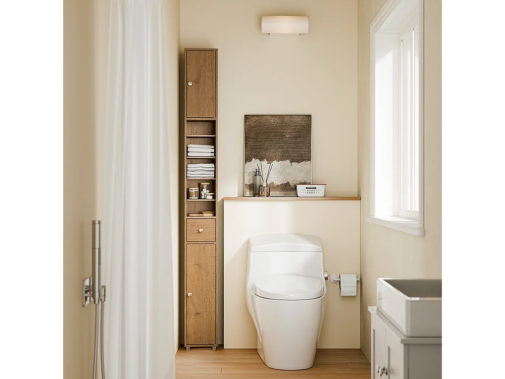 SoBuy Meuble Étroits Salle de Bain avec Tiroir et Étagères Réglables, Bois