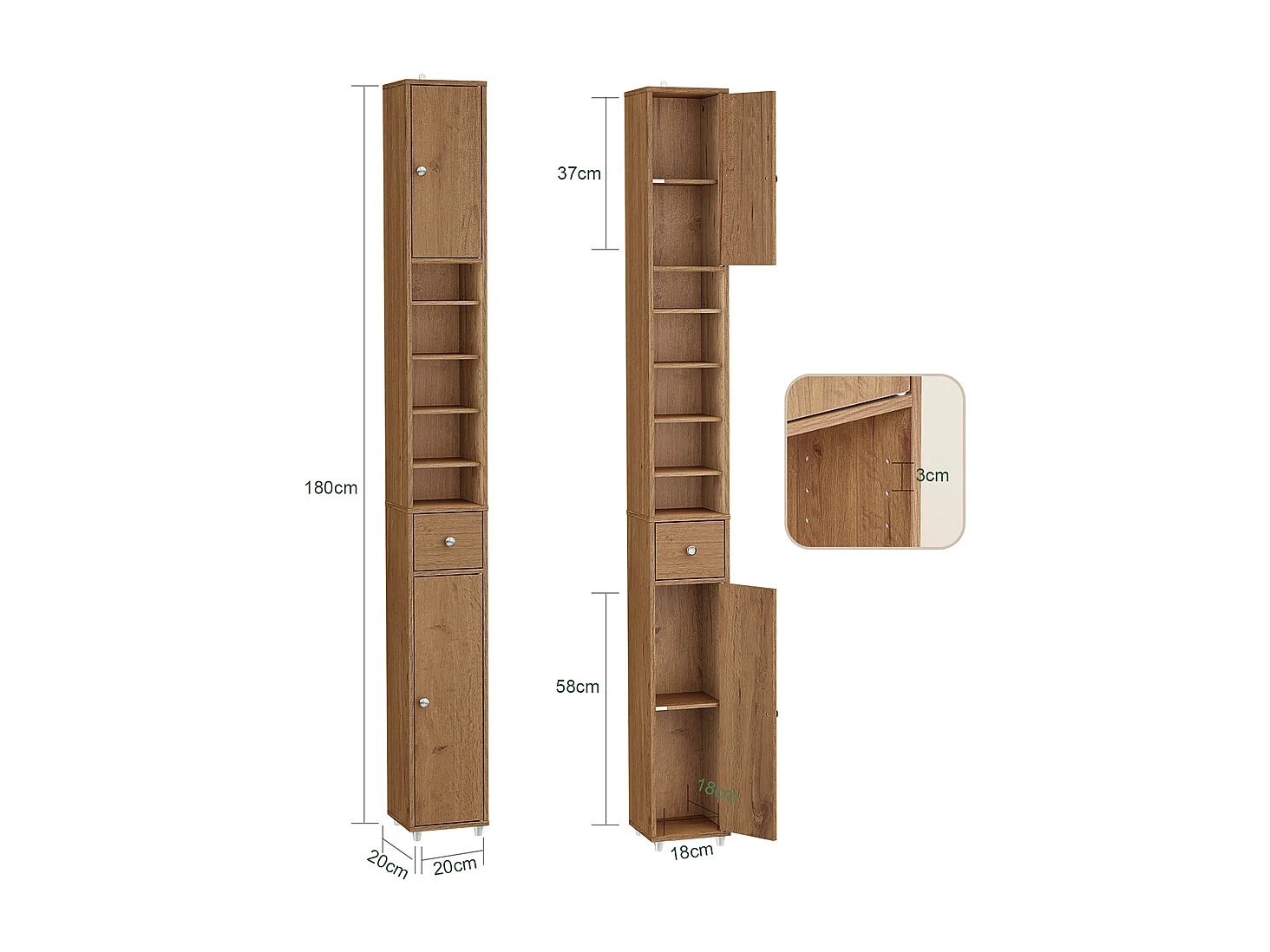 SoBuy Meuble Étroits Salle de Bain avec Tiroir et Étagères Réglables, Bois