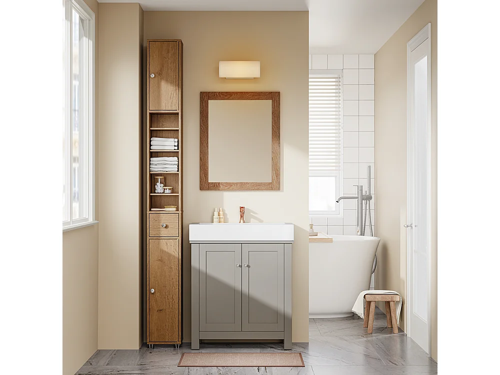 SoBuy Meuble Étroits Salle de Bain avec Tiroir et Étagères Réglables, Bois