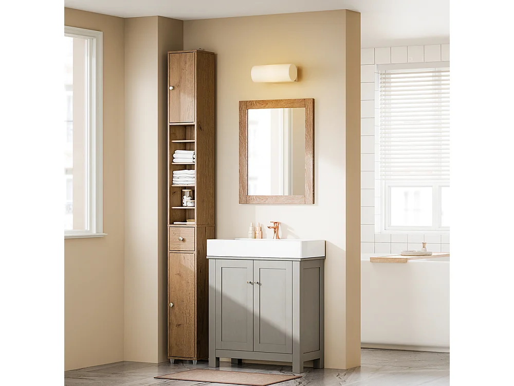 SoBuy Meuble Étroits Salle de Bain avec Tiroir et Étagères Réglables, Bois