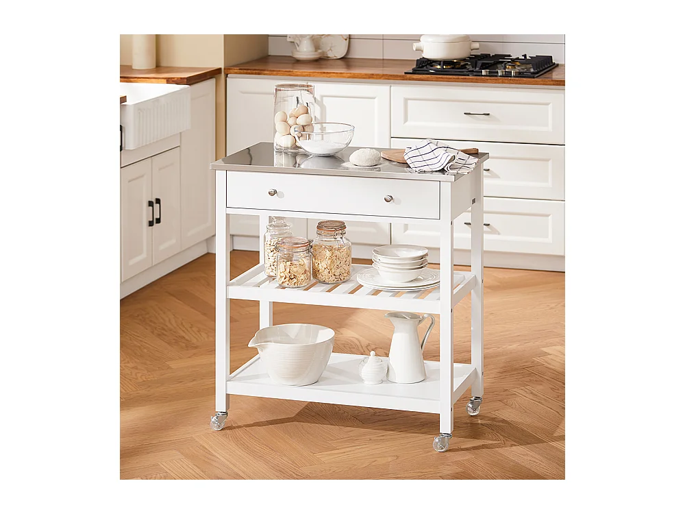 SoBuy Desserte de Cuisine Roulante avec Plateau Inox, Tiroirs et Étagères