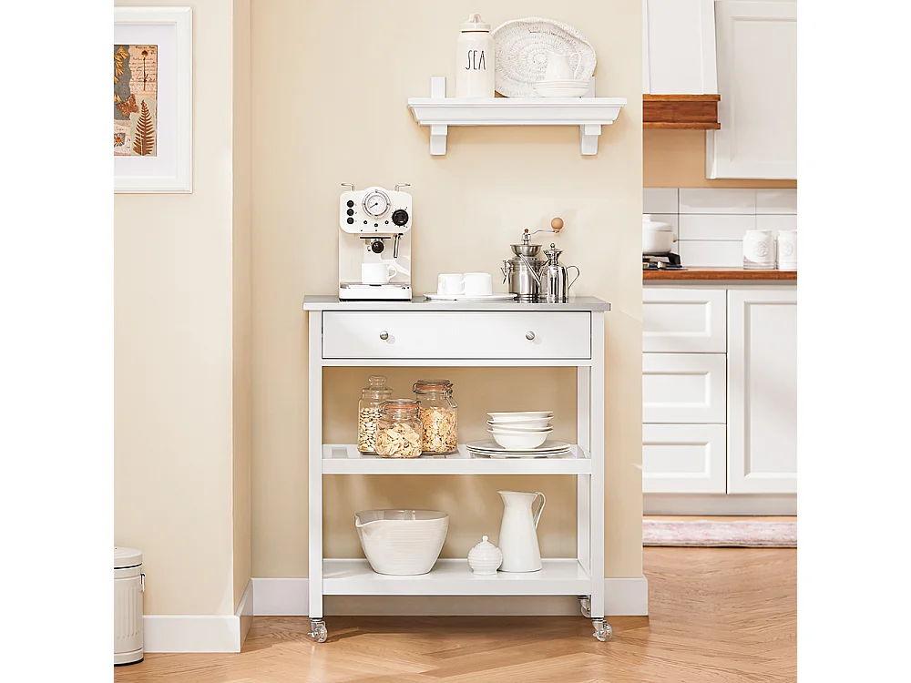 SoBuy Desserte de Cuisine Roulante avec Plateau Inox, Tiroirs et Étagères