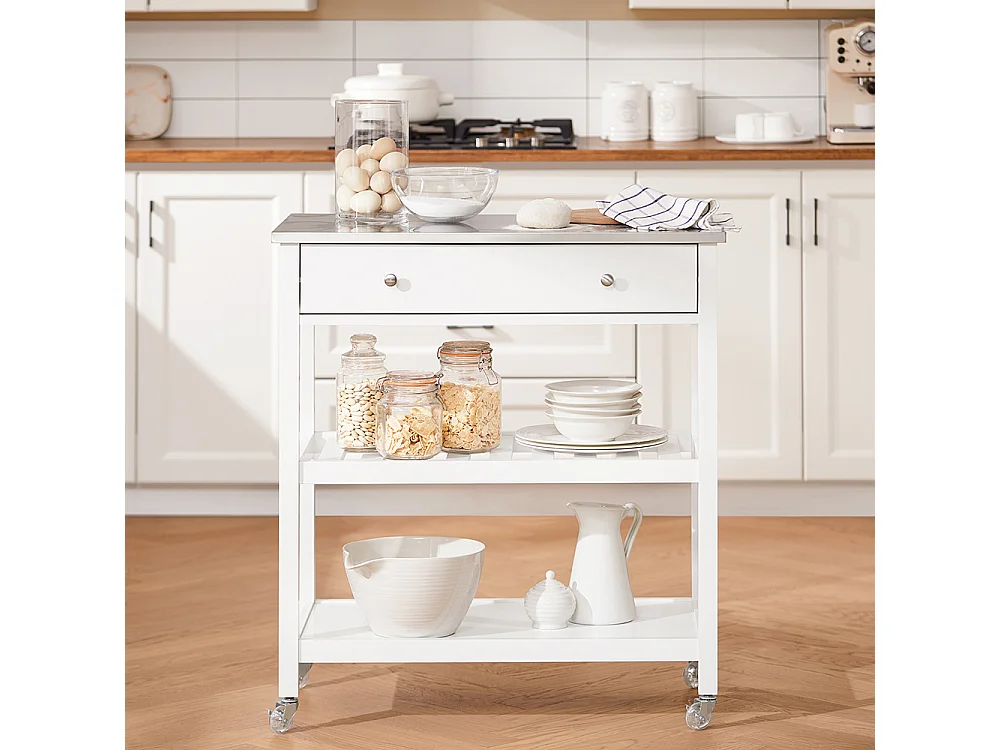 SoBuy Desserte de Cuisine Roulante avec Plateau Inox, Tiroirs et Étagères