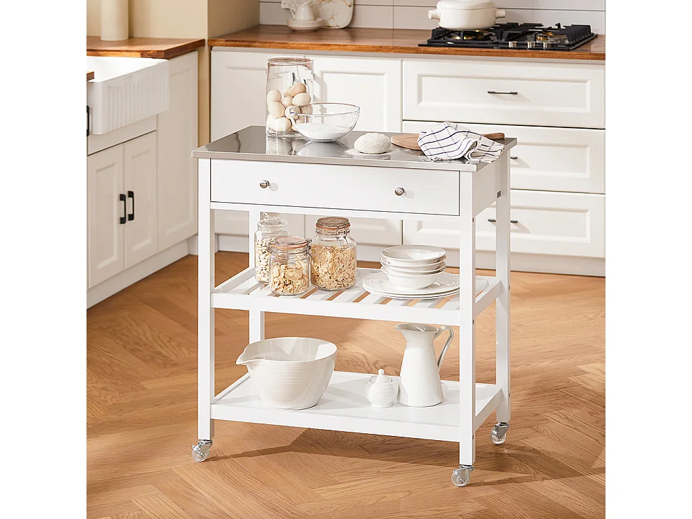 SoBuy Desserte de Cuisine Roulante avec Plateau Inox, Tiroirs et Étagères