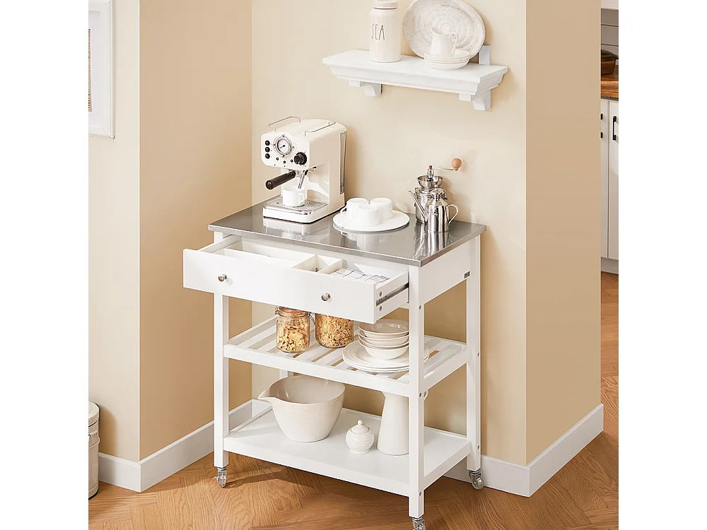 SoBuy Desserte de Cuisine Roulante avec Plateau Inox, Tiroirs et Étagères