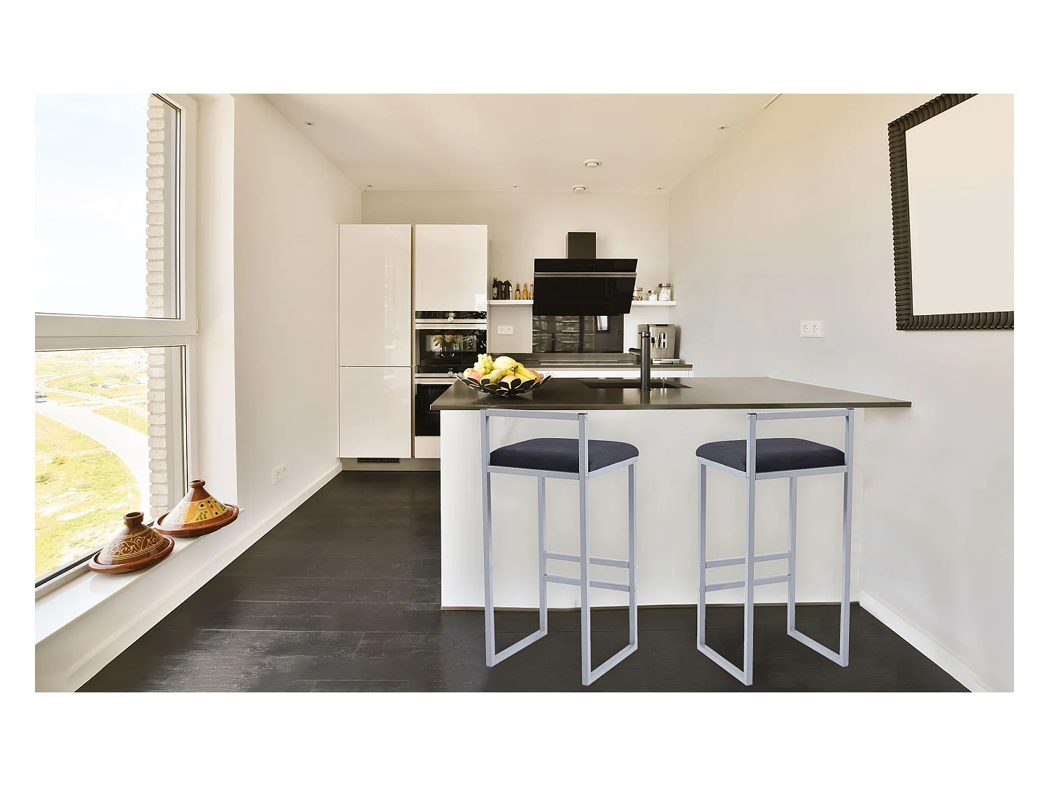 Sgabello da bar in metallo Drakkar argento e velluto nero