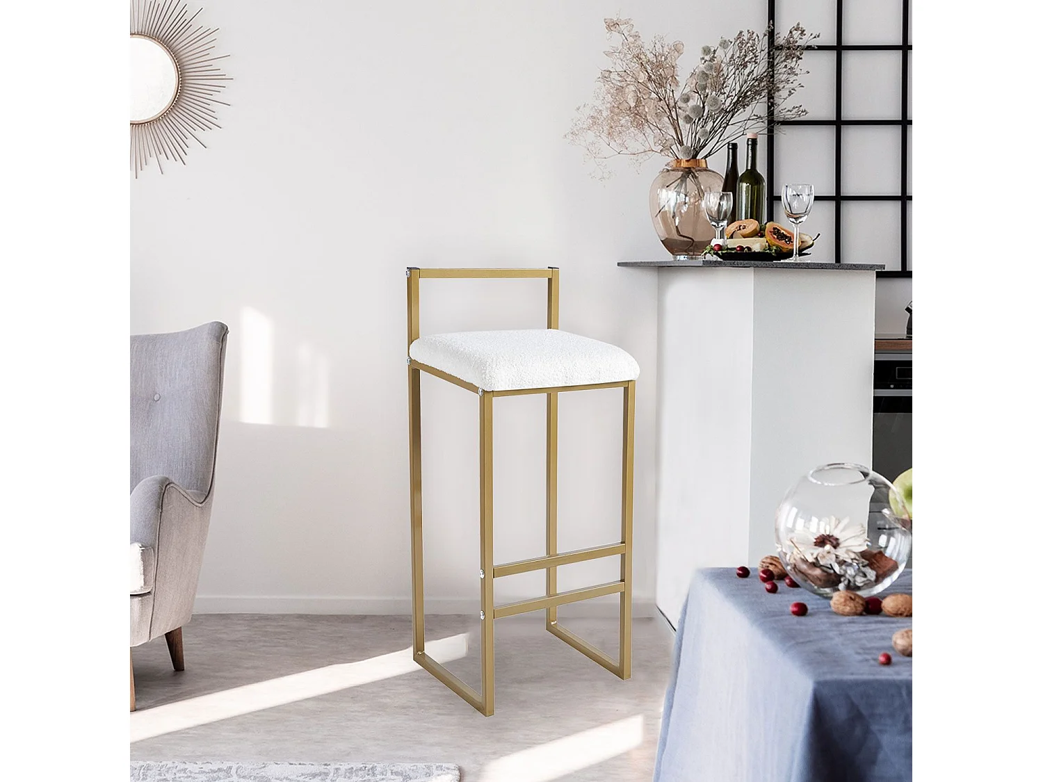 Tabouret de bar en métal Drakkar Or et Tissu bouclette Crème