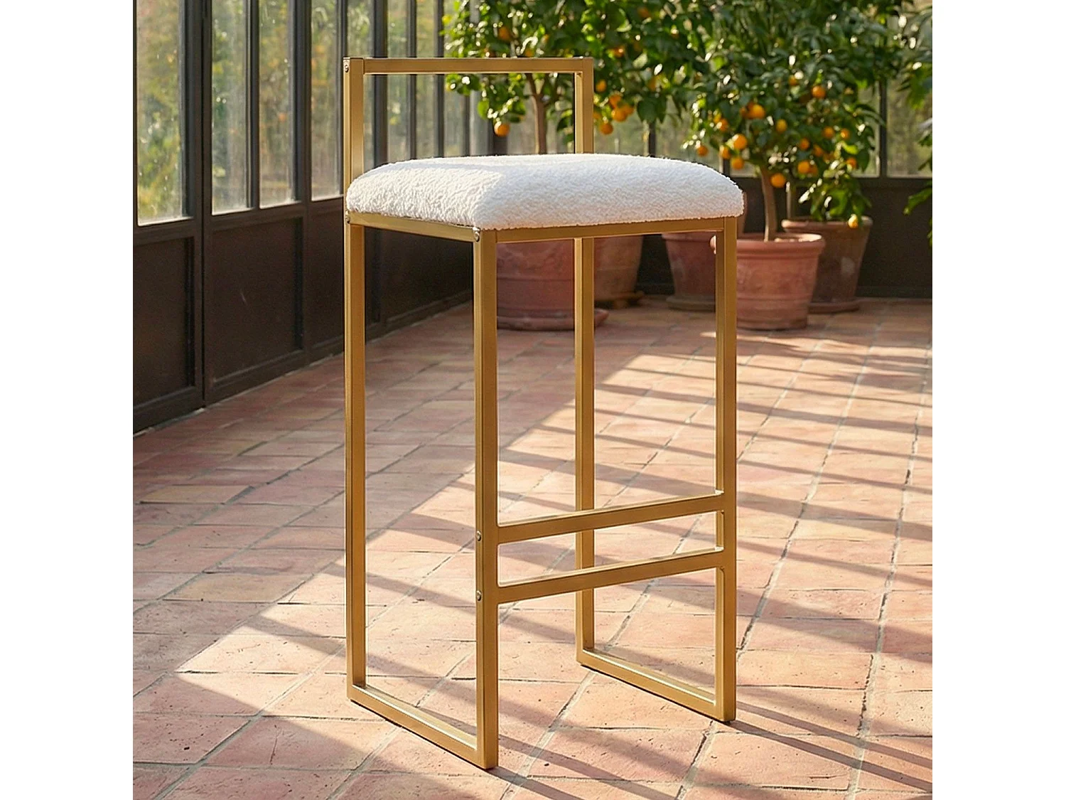 Tabouret de bar en métal Drakkar Or et Tissu bouclette Crème
