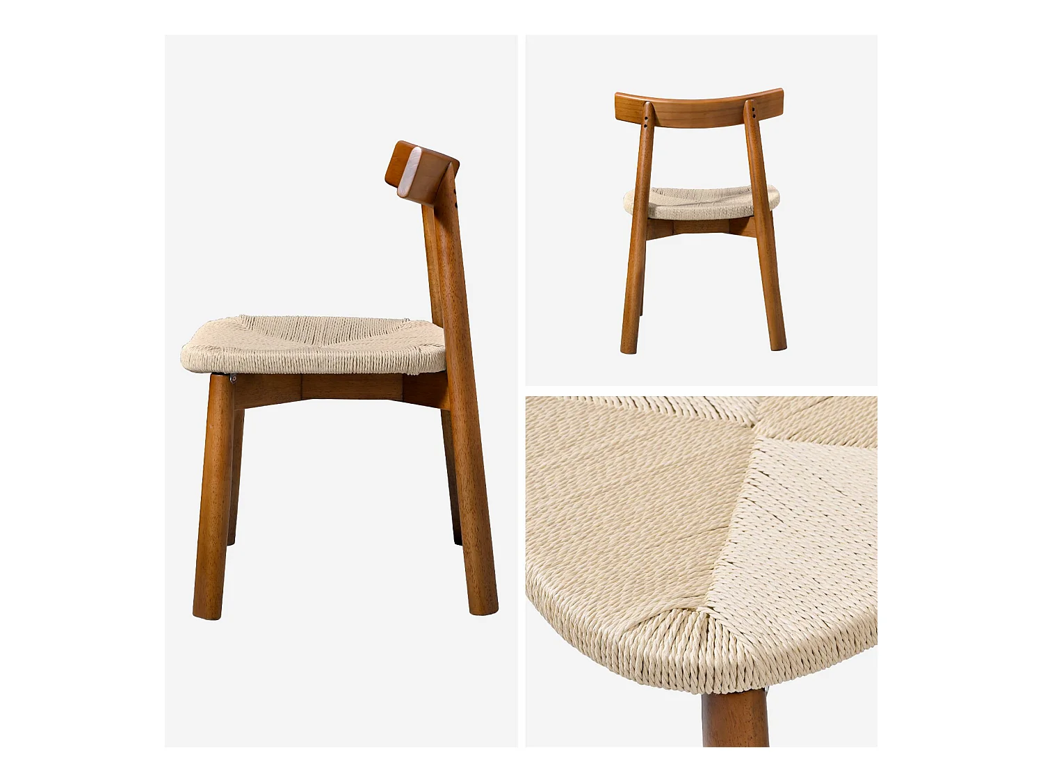 Silla escandinava de madera de hevea con asiento de cuerda, set de 2