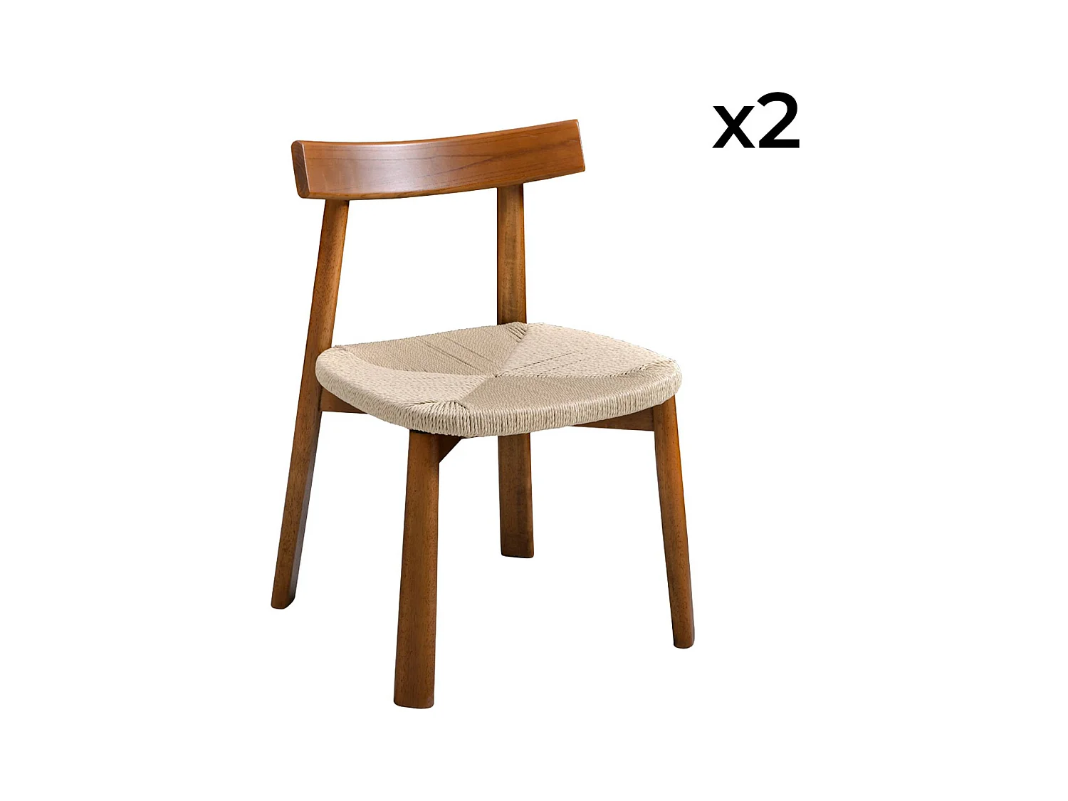 Silla escandinava de madera de hevea con asiento de cuerda, set de 2