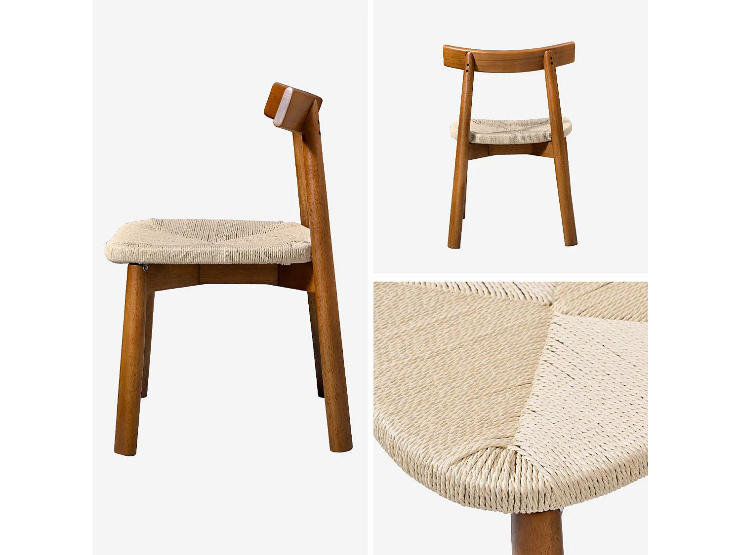 Silla escandinava de madera de hevea con asiento de cuerda, set de 2