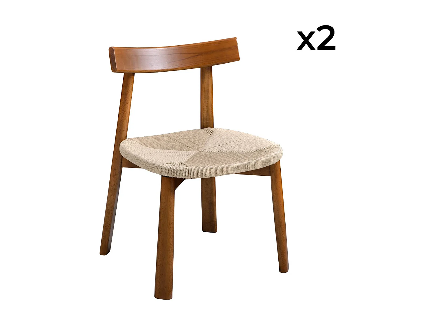 Silla escandinava de madera de hevea con asiento de cuerda, set de 2