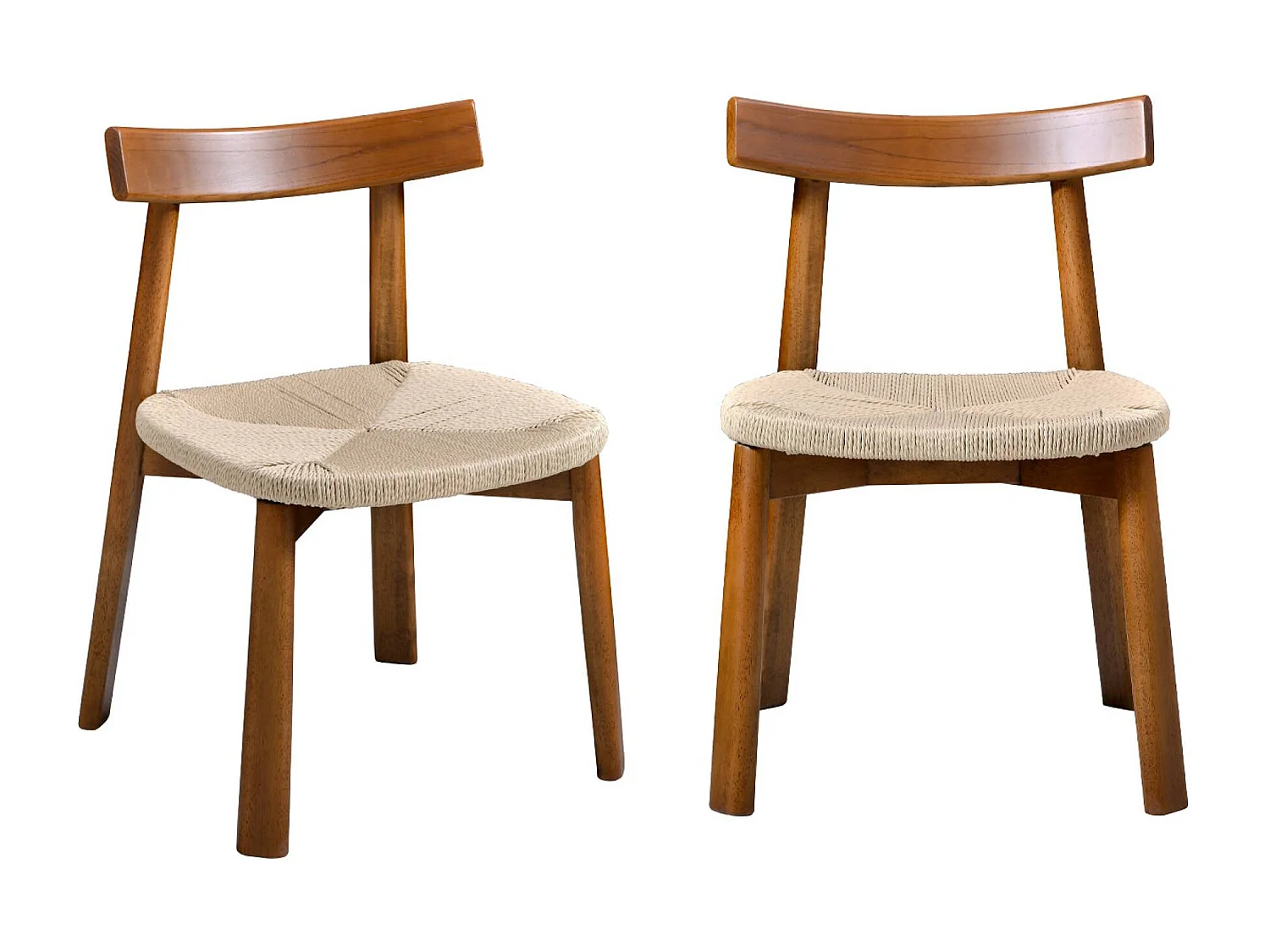 Lot de 2 chaises scandinaves en bois d'hévéa effet noyer et assise en corde beige