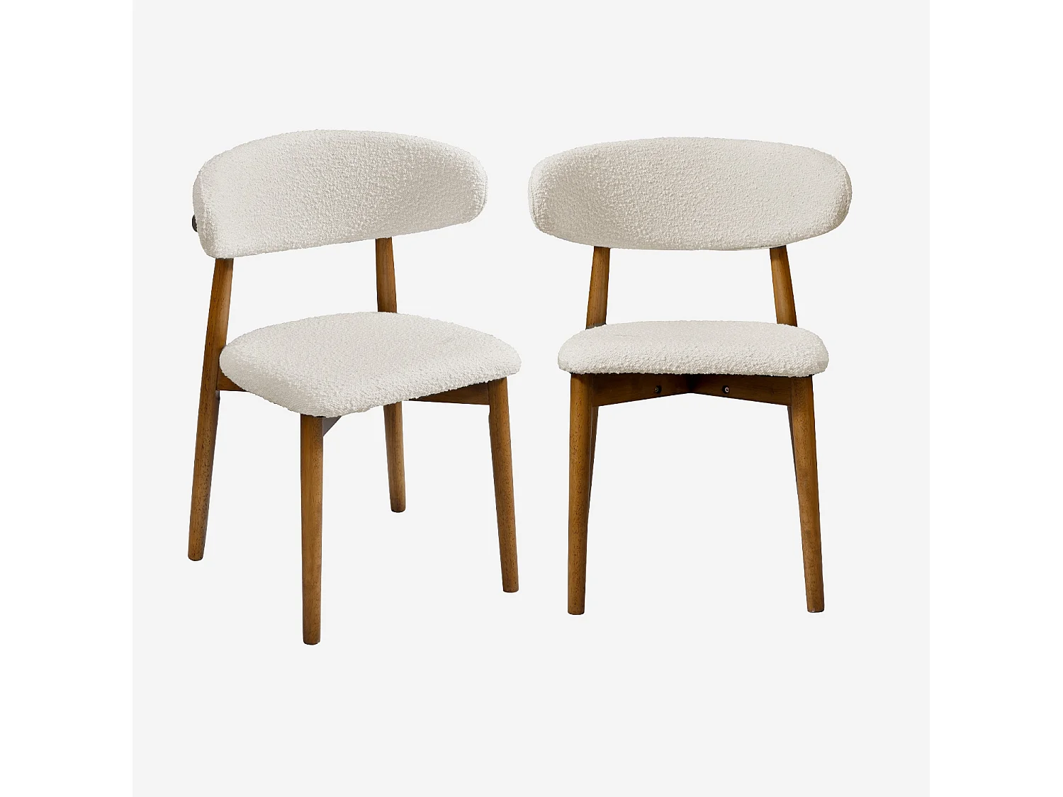 Lot de 2 chaises en bois d'hévéa effet noyer et tissu bouclette blanc crème