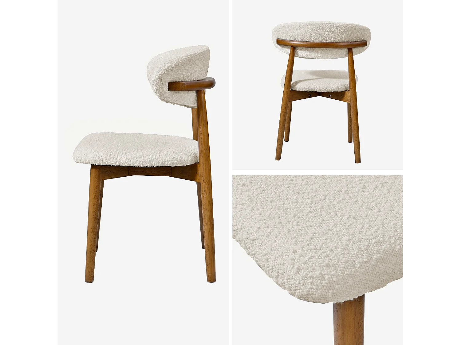 Lot de 2 chaises en bois d'hévéa effet noyer et tissu bouclette blanc crème