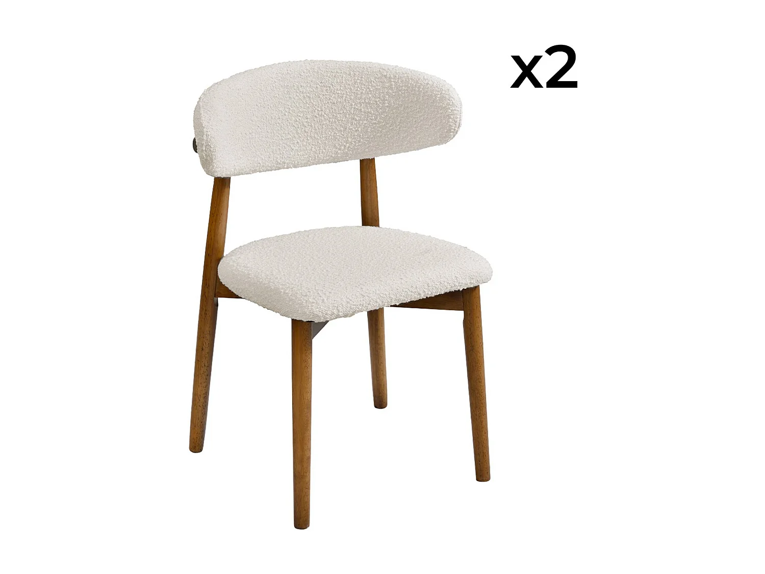 Lot de 2 chaises en bois d'hévéa effet noyer et tissu bouclette blanc crème