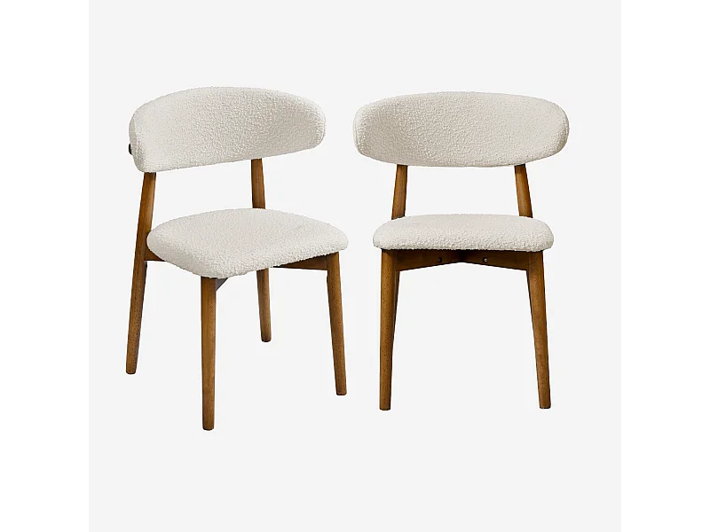 Lot de 2 chaises en bois d'hévéa effet noyer et tissu bouclette blanc crème