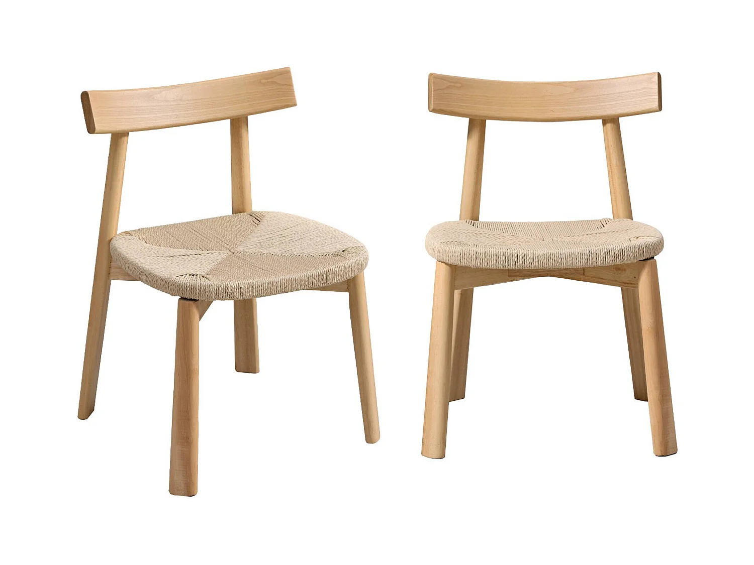 Lot de 2 chaises scandinaves en bois d'hévéa naturel et assise en corde beige